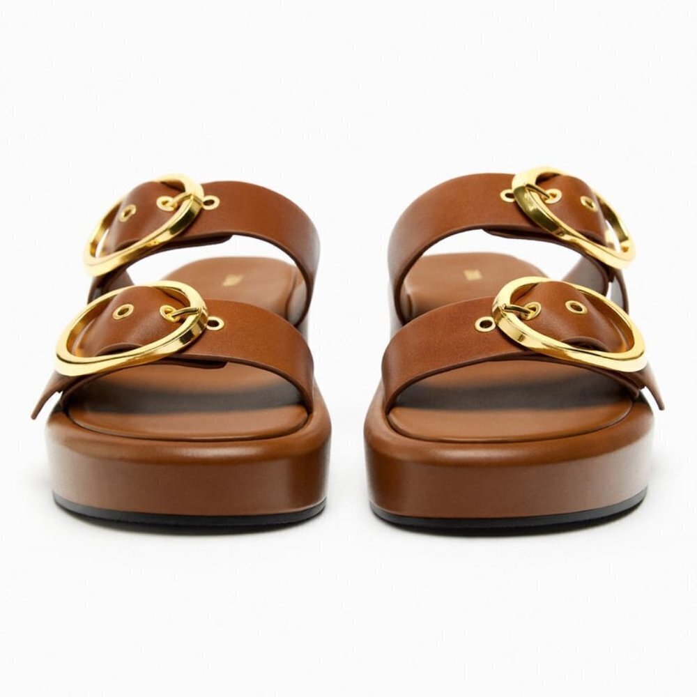 ZARA BUCKLED LEATHER WEDGE SANDALS BROWN SIZE 10  | 1316/110 - Picture 3 of 4